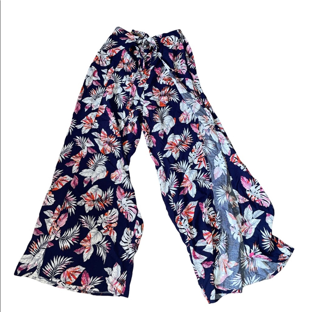 Women's Navy Tropical Print Wide-Leg Pants